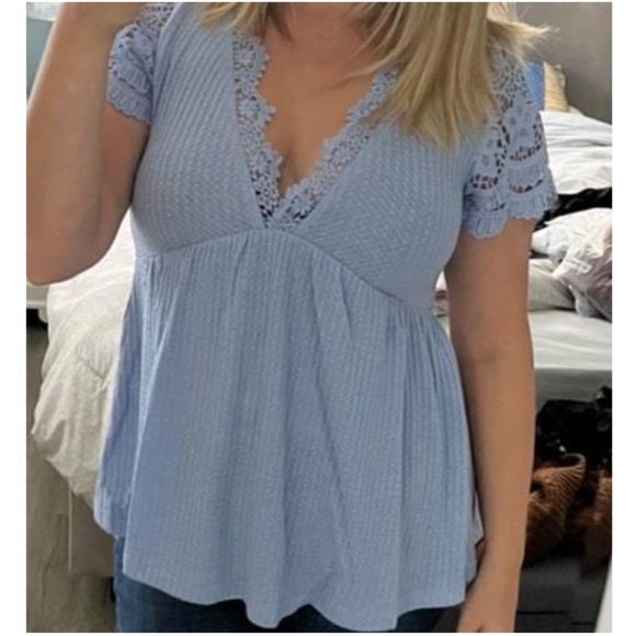 Tops - 034  Boho Floral Lace Light waffle Knit Top